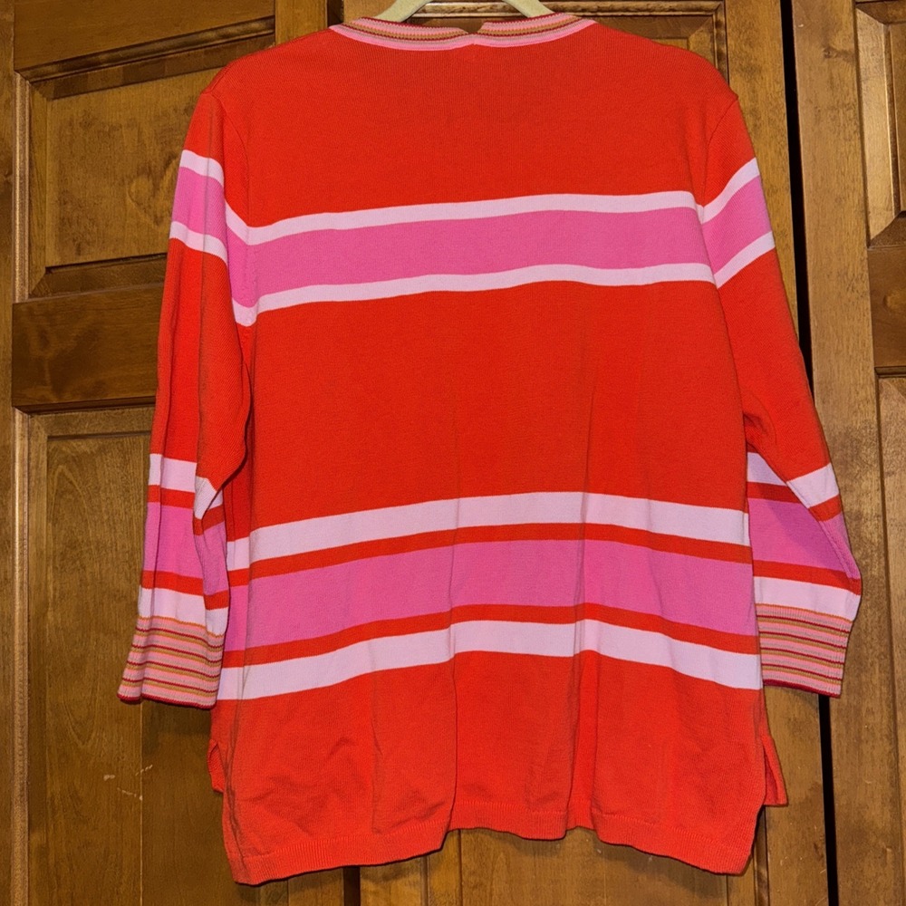 Cabi 6168 Womens Cadet Pullover Sweater Sz L Pink Orange Stripe Cotton Preppy - Picture 3 of 6
